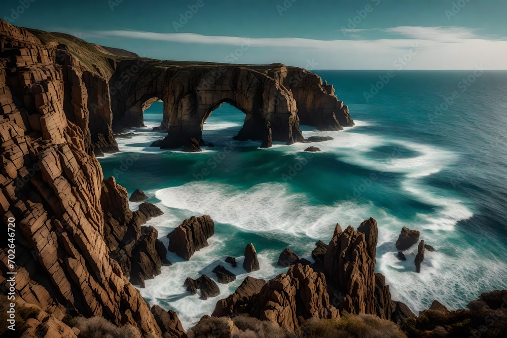 A network of natural rock arches along the coastline, sculpted by the relentless force of the ocean waves over the years.