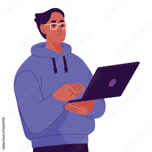 Young man in glasses holds laptop. Professional programmer writing code. Freelancer typing, communicate in online chat. Employee work at computer. Flat isolated vector illustration on white background