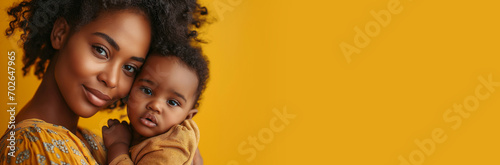 Child care with African American mother with her baby, Health care and happy family concept, empty space in studio shot isolated on yellow long banner background, generative AI photo