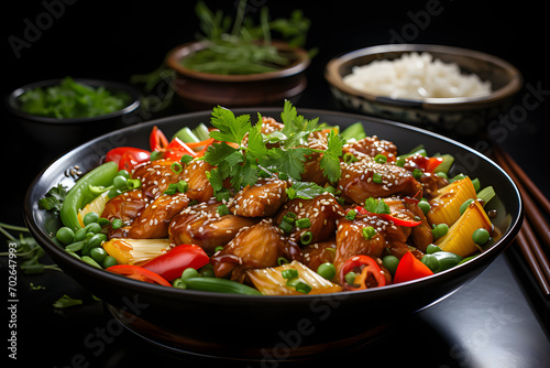 Sweet and sour chicken, dramatic studio lighting and a shallow depth of field. Placed on a reflective black surface.no.03