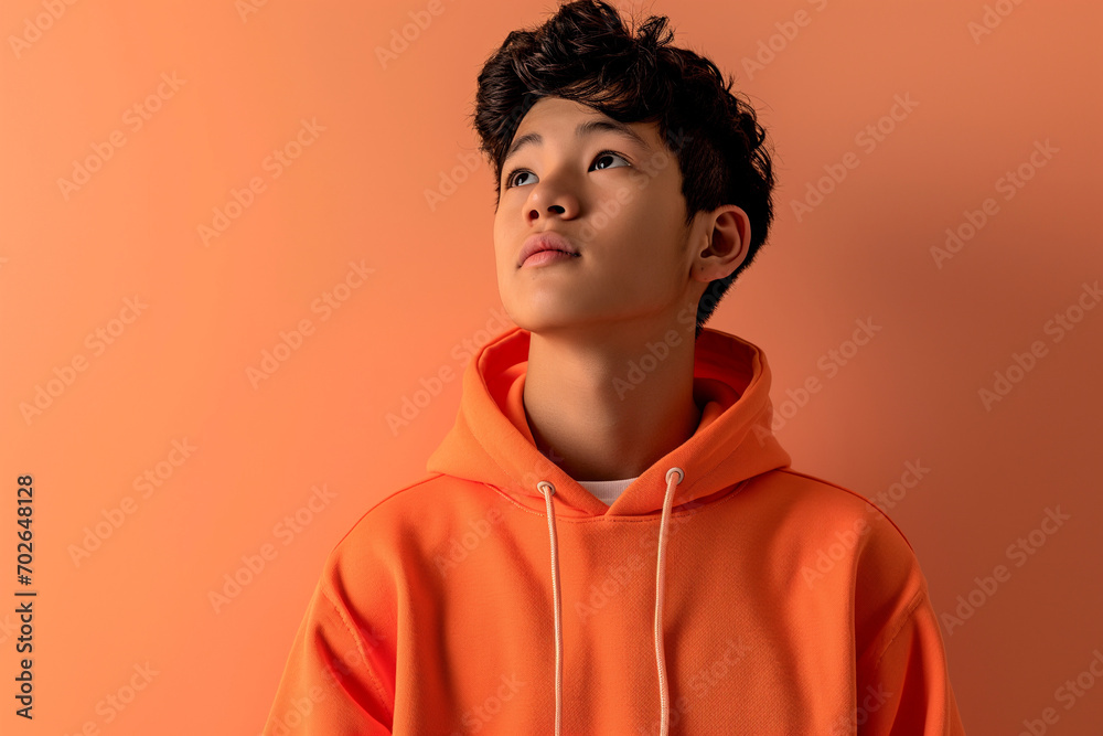 Asian happy teenage girl wearing hoodie on peach background Asian happy teenage girl wearing hoodie on peach background