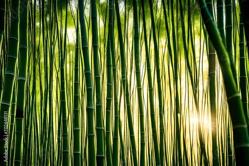 A dense bamboo grove with sunlight filtering through the tall stalks  creating a serene and peaceful atmosphere.