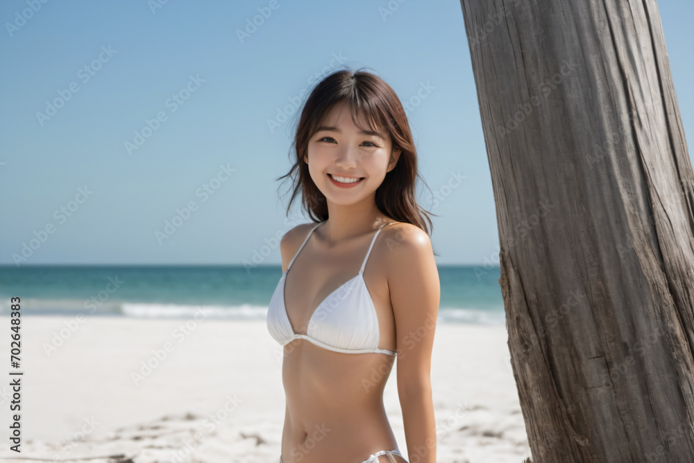 青空をバックに健康的に微笑むビキニ姿の若い日本人女性 青空をバックに健康的に微笑むビキニ姿の若い日本人女性