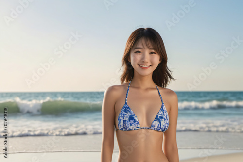 青空をバックに健康的に微笑むビキニ姿の若い日本人女性 © 佐咲 心菜