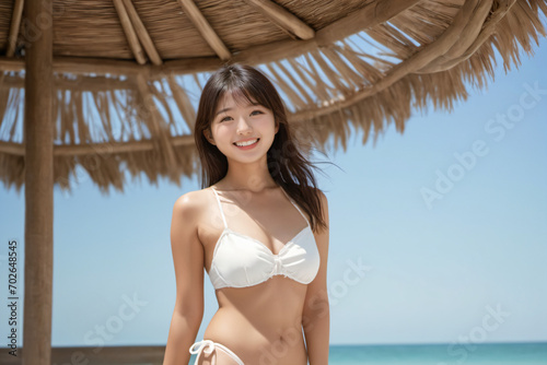 青空をバックに健康的に微笑むビキニ姿の若い日本人女性