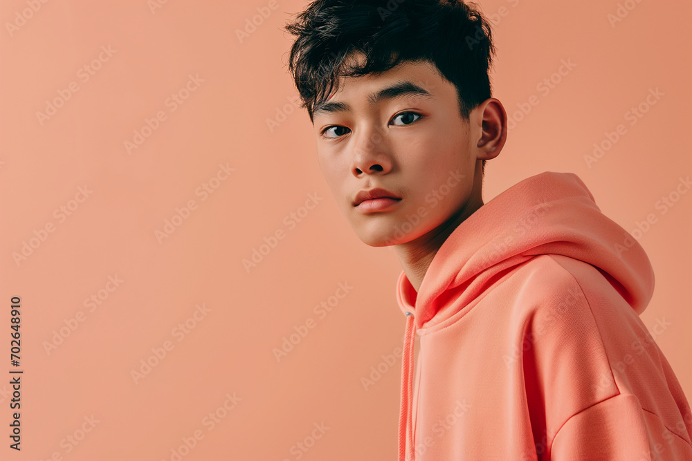 Asian happy teenage girl wearing hoodie on peach background Asian happy teenage girl wearing hoodie on peach background