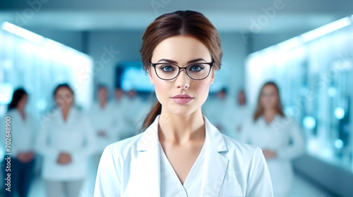 Professional beautiful young woman doctor standing with arms crossed smiling looking at the camera. AI generated © millenius