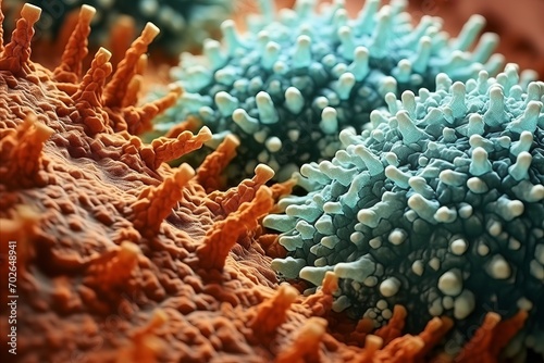 A scientific representation of the viral infection process in tobacco plants, seen through a microscope photo