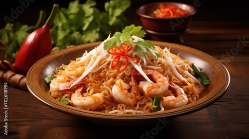 A vibrant plate of Pad Thai featuring succulent shrimp, adorned with lime wedges, and fresh cilantro