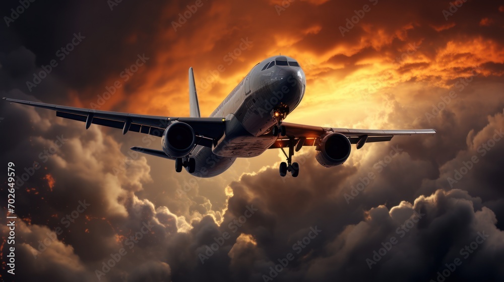 
An intense and dramatic scene depicting an airplane on fire flying over stormy clouds, creating a powerful and visually striking image.