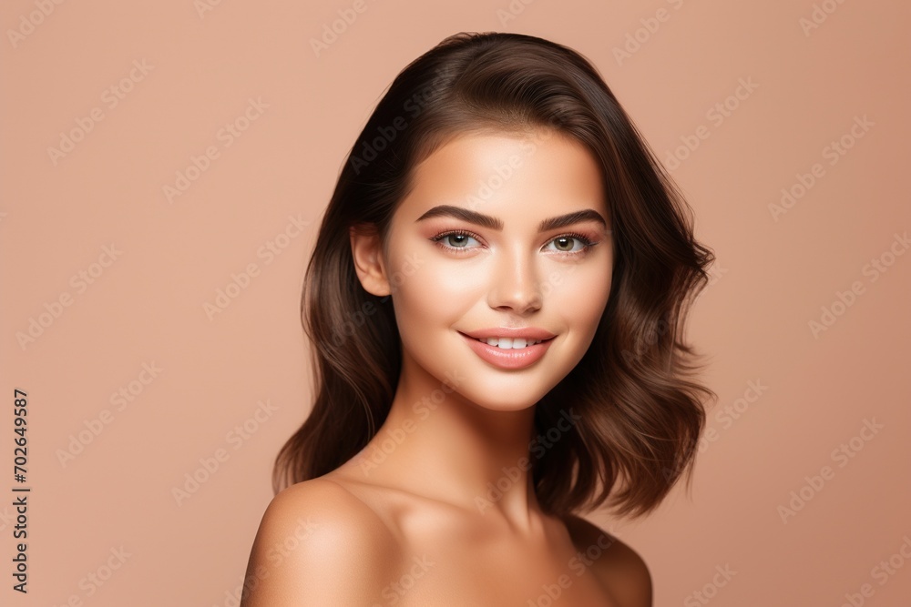 Naklejka premium Portrait of beautiful young woman with clean fresh skin. Spa, healthcare.