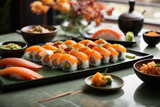 A lavish sushi spread featuring exotic ingredients like uni and toro generated with AI