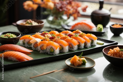 A lavish sushi spread featuring exotic ingredients like uni and toro generated with AI photo