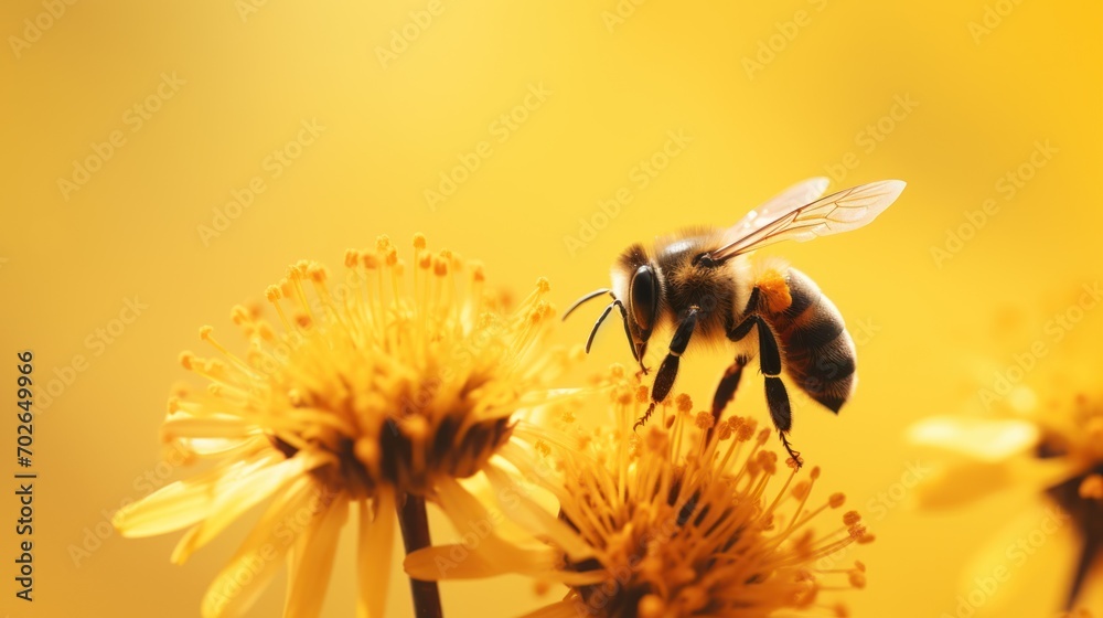 colorful photo of a fluffy, fluffy bee with transparent wings collecting flower pollen against a bright yellow background - obrazy, fototapety, plakaty 