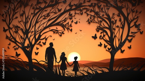 Silhouette of family standing sunset background Paper cut style --chaos 25 --ar 16 9 --v 5.2 Job ID  ea80fcf5-00ef-416e-8b2c-bcc90df43d0f