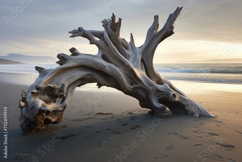 A natural and weathered depiction of coastal driftwood,