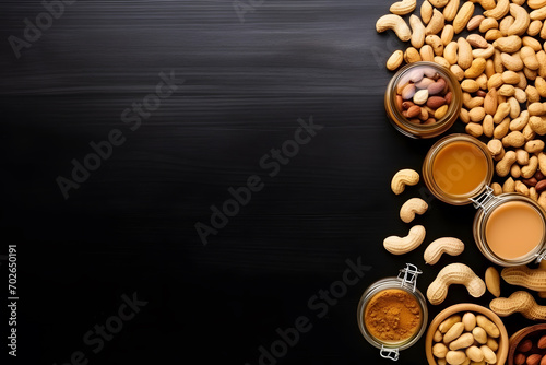 Variety kinds of dry organic cereal and grain seed nut on left and right hand side isolated on black background  with copy space