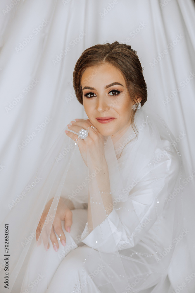 A beautiful brunette bride with a tiara in her hair is getting ready for the wedding in a beautiful robe in boudoir style. Close-up wedding portrait, photo. A beautiful brunette bride with a tiara in her hair is getting ready for the wedding in a beautiful robe in boudoir style. Close-up wedding portrait, photo.
