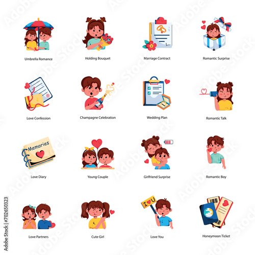 Set of Romantic Couples and Valentine Flat Icons 


