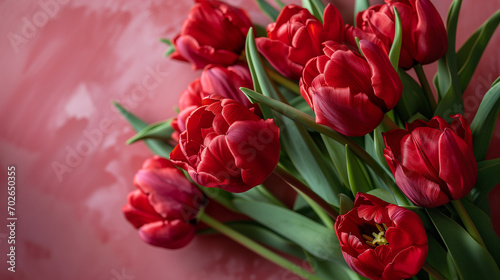 Bouquet of red tulips on the left on a pink background  space for text