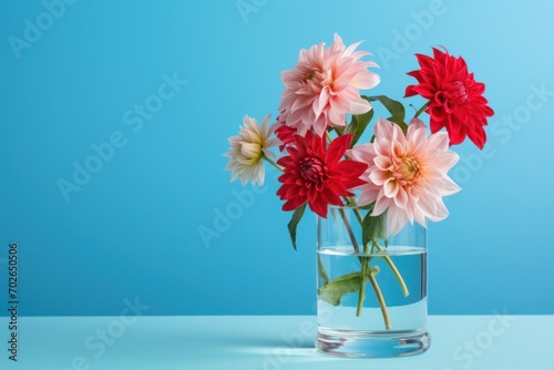 Glass of fresh Dahlias flowers in glass vase with water. on blue background