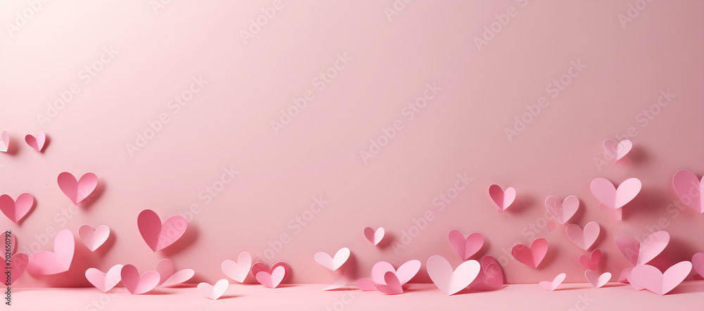 Paper pink hearts fly on soft pink color background, border, copy space. Valentine day concept for design