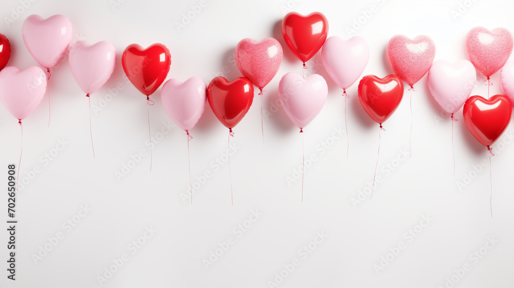 Red and pink heart-shaped balloons on a white background