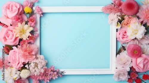 A visually appealing image featuring blooming flowers of various colors arranged on and around an empty pink photo frame, set against a light blue background. 