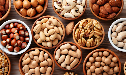 Organic mixed nuts banner with place for text. Assorted nuts: hazelnuts walnuts, pecans, pistachio, almonds, cashews. Healthy food, useful microelements and vitamins. Useful health photo