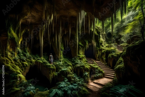 A hidden cave entrance in the midst of dense foliage  leading to an underground world of stunning stalactite formations.