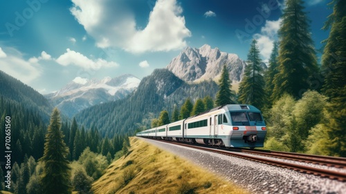 modern train driving on railroad tracks between coniferous trees and mountains under sky during summer day photo