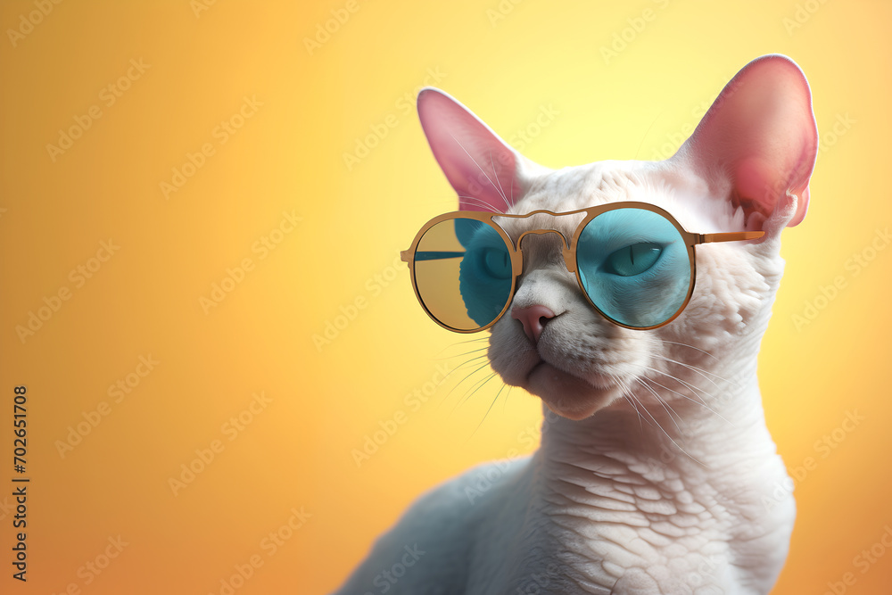 Creative animal concept. Devon Rex cat kitten kitty in sunglass shade glasses isolated on solid pastel background, commercial, editorial advertisement, surreal surrealism	
