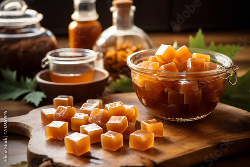 A scene in a home kitchen featuring homemade maple syrup candies being made in candy molds - showcasing sweet treats born from a cherished family recipe in confectionery making.
