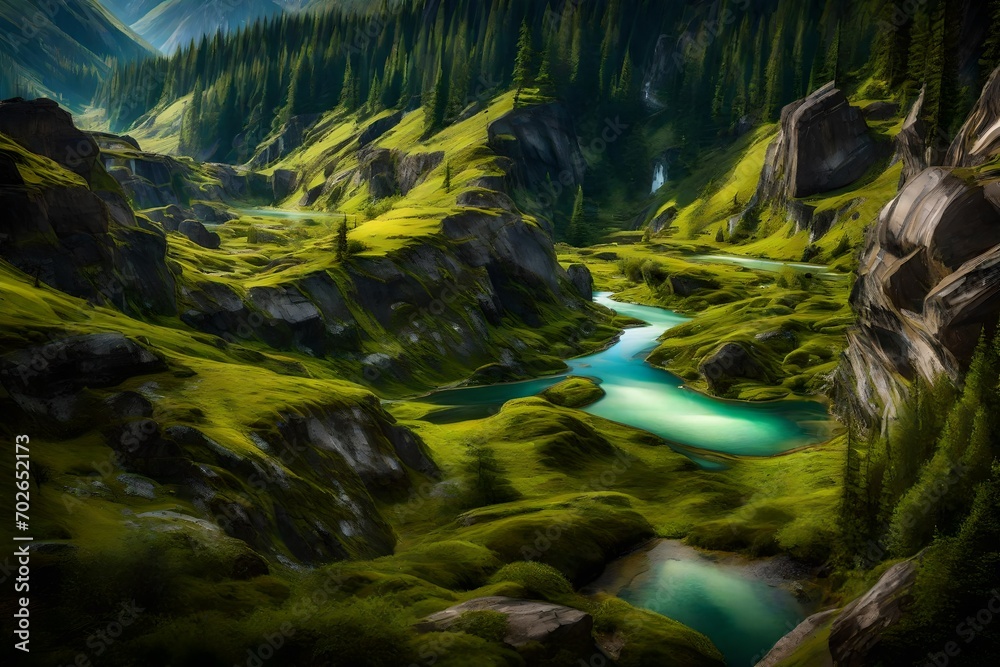 A network of crystal-clear streams winding through a valley, reflecting the surrounding greenery. A network of crystal-clear streams winding through a valley, reflecting the surrounding greenery.