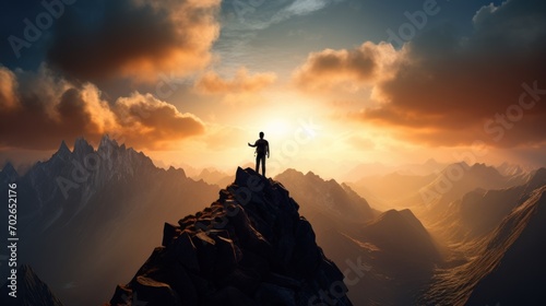The silhouette of a man standing triumphantly on top of a mountain peak  depicting accomplishment  success  and a sense of personal victory.      