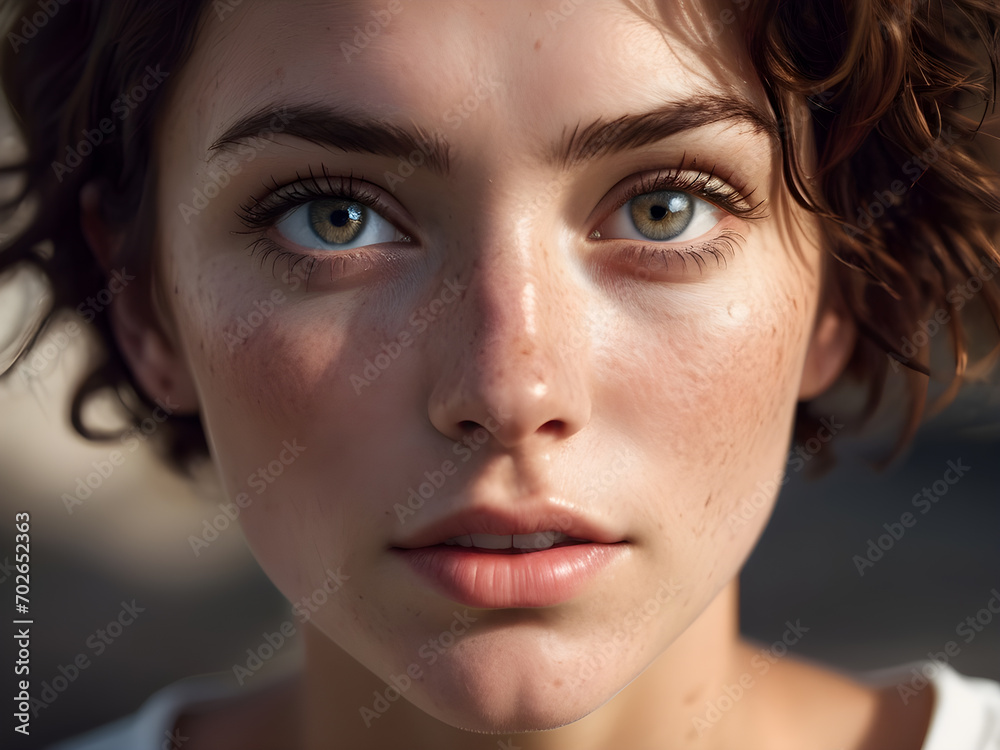 Fototapeta premium Close-up, attractive beautiful female face, blue eyes, dark spots on face