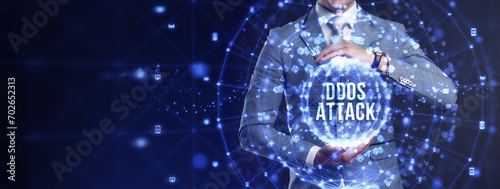 DDoS ATTACK inscription, online attack concept inscription, online security concept. photo