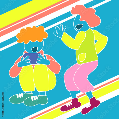 Teenagers are dancing and playing music on their phones. pastel style colors
