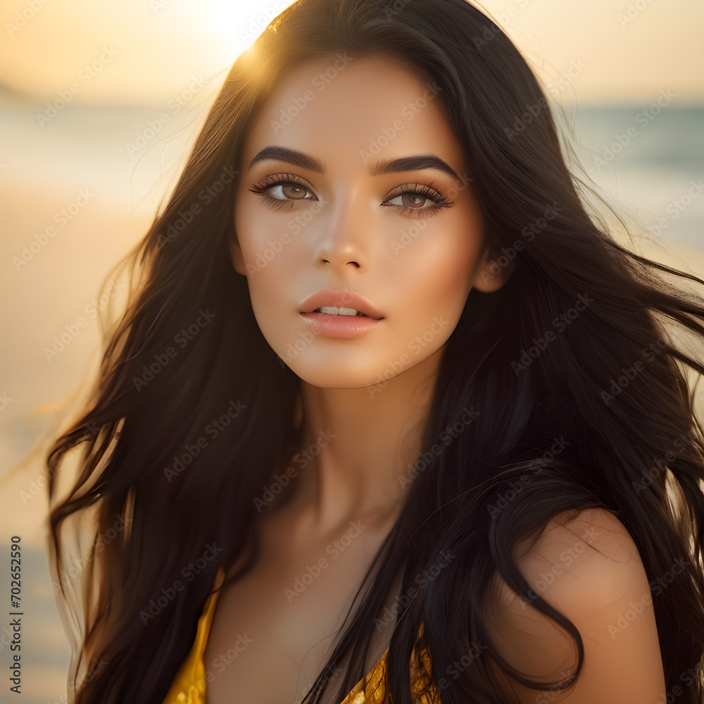close-up, attractive woman, wearing a strapless dress, on the sandy beach close-up, attractive woman, wearing a strapless dress, on the sandy beach