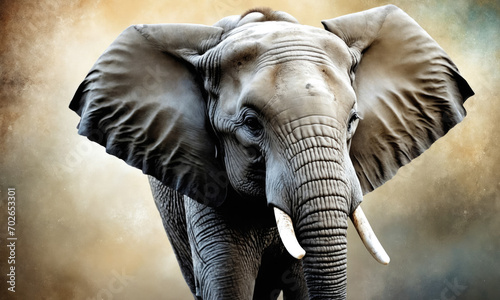 Fantasy Illustration of a wild elephant. Digital art style wallpaper background. © Roman