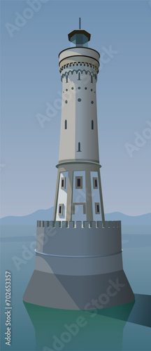Large lighthouse overlooking the sea. Vector.