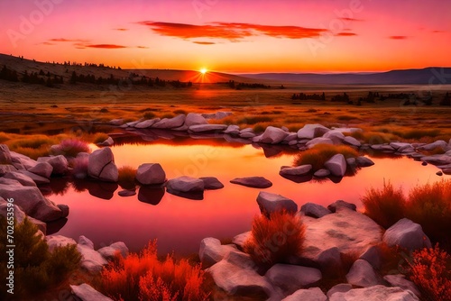 Pink and orange sunrise over mountain pond at dawn in the Pryor Mountains Wild Horse Range in Montana photo