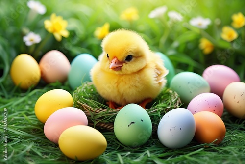 Colorful decorated Easter eggs and a cute yellow chicken in a nest with spring flowers