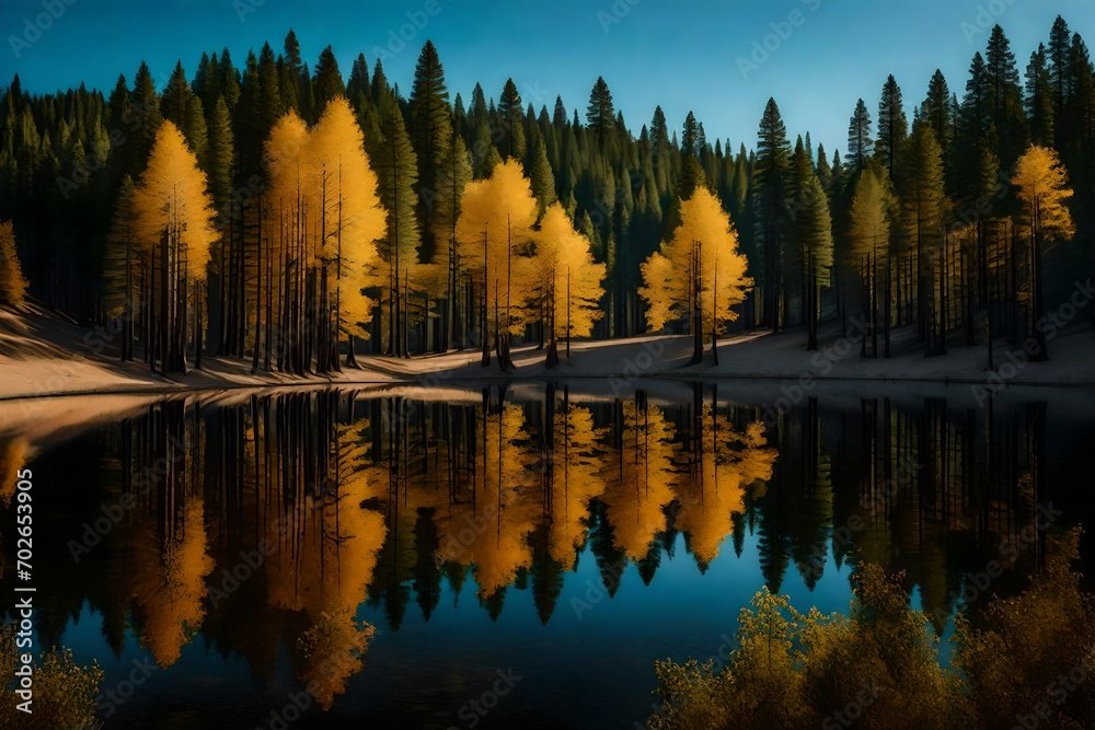 Reflection of trees in lake, Union Reservoir, Stanislaus National Forest