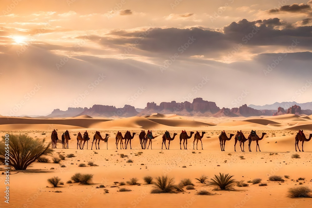 Panorama view of desert landscape and camels. Selective focus