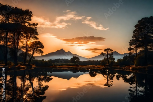 Sunset by the small lake. Reflexion of trees and mountain in the water. Natural elements in the foreground