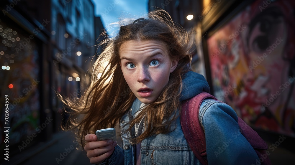 A girl with a cell phone in her hand. Generative AI. A girl with a cell phone in her hand. Generative AI.