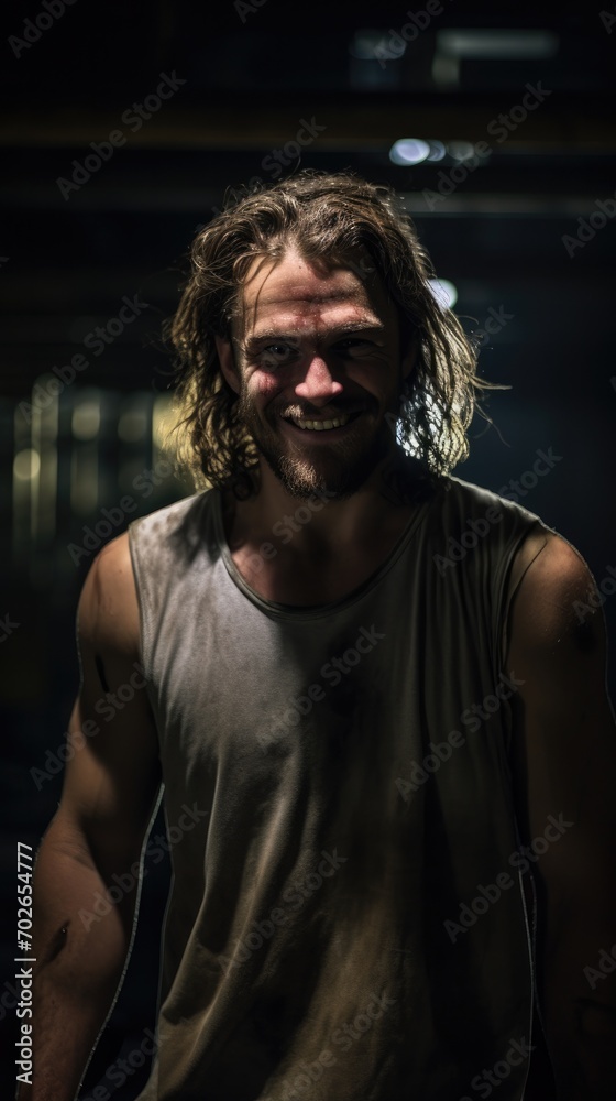 Fototapeta premium A man with long hair wearing a tank top. Generative AI.