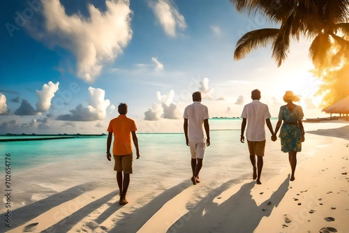 A couple walking in the morning sunshine on a tropical beach, baa atoll, maldives