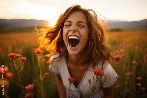 A woman is laughing in a field of flowers. Generative AI.